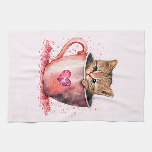 Niedlich Kitten in einem Teacup mit Herz Geschirrtuch (Horizontal)