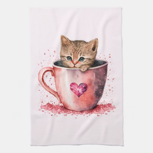 Niedlich Kitten in einem Teacup mit Herz Geschirrtuch (Vertikal)