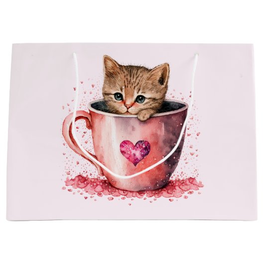 Niedlich Kitten in einem Teacup mit Herz Große Geschenktüte (Vorderseite)