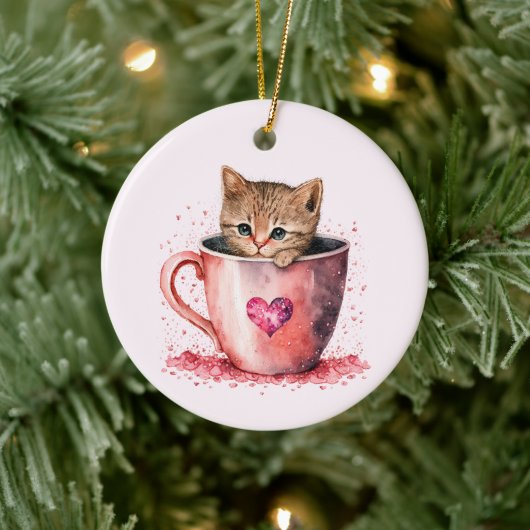Niedlich Kitten in einem Teacup mit Herz Keramik Ornament (Baum)
