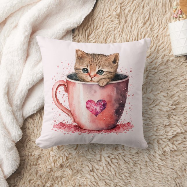 Niedlich Kitten in einem Teacup mit Herz Kissen (Decke)