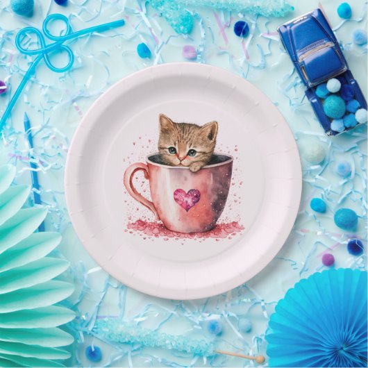 Niedlich Kitten in einem Teacup mit Herz Pappteller (Party)
