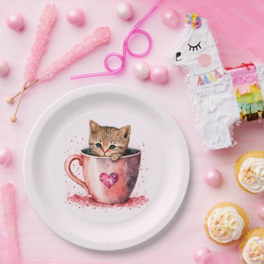 Niedlich Kitten in einem Teacup mit Herz Pappteller (Party)