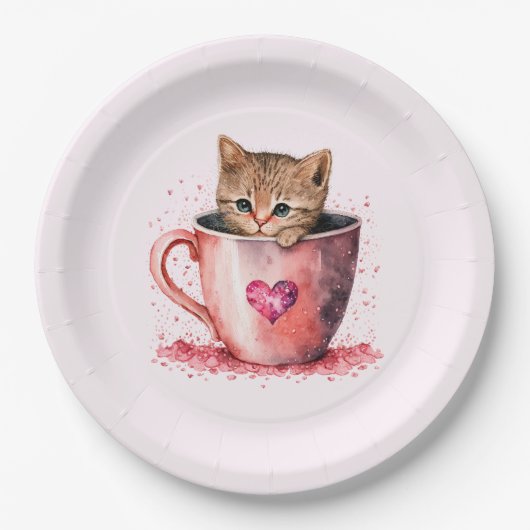 Niedlich Kitten in einem Teacup mit Herz Pappteller (Vorderseite)