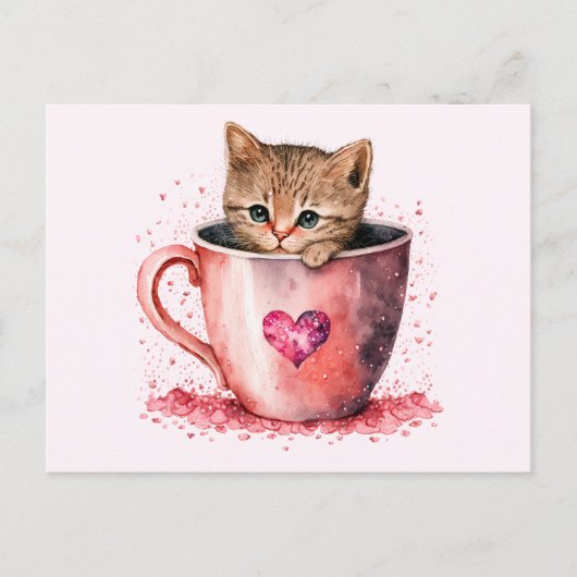 Niedlich Kitten in einem Teacup mit Herz Postkarte (Vorderseite)