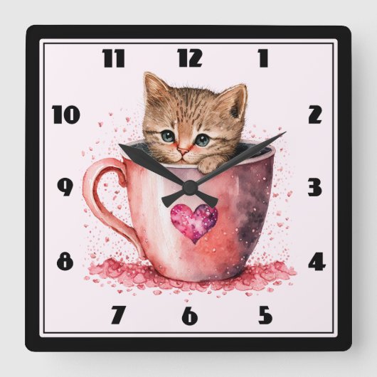 Niedlich Kitten in einem Teacup mit Herz Quadratische Wanduhr (Vorderseite)
