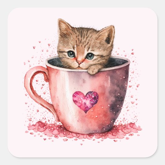 Niedlich Kitten in einem Teacup mit Herz Quadratischer Aufkleber (Vorderseite)