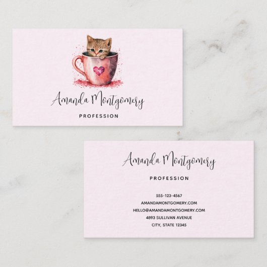 Niedlich Kitten in einem Teacup mit Herz Visitenkarte (Vorne/Hinten)