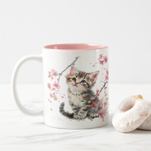 Niedlich Kitten in Sakura Blume Zweifarbige Tasse (Mit Donut)