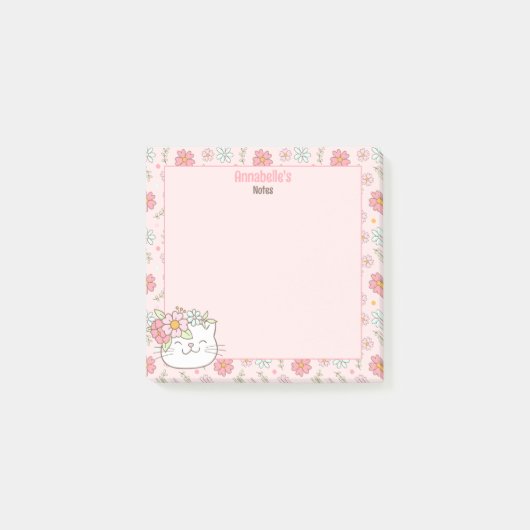 Niedlich Kitten Kitty Cat Pink Girl Floral Name Post-it Klebezettel (Vorderseite)