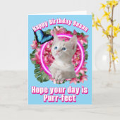 Niedlich Kitten mit blauem Schmetterling auf neont Karte (Gelbe Blume)