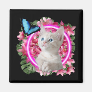 Niedlich Kitten mit blauem Schmetterling auf neont Magnet