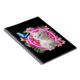 Niedlich Kitten mit blauem Schmetterling auf neont Notizblock