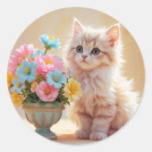 Niedlich Kitten mit Pastell-Blume Runder Aufkleber (Vorderseite)