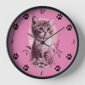Niedlich Kitten Pink Wall Clock mit schwarzer Katz Uhr (Vorderseite)