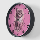 Niedlich Kitten Pink Wall Clock mit schwarzer Katz Uhr (Winkel)