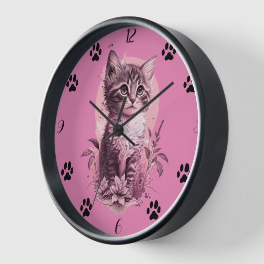 Niedlich Kitten Pink Wall Clock mit schwarzer Katz Uhr (Winkel)