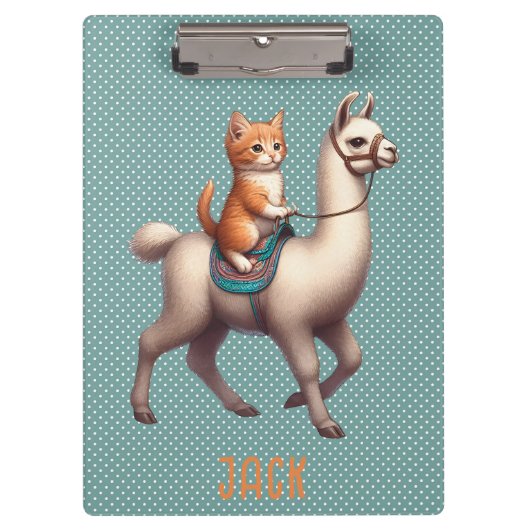 Niedlich Kitten Riding Fluffy Llama Personalisiert Klemmbrett (Vorderseite)