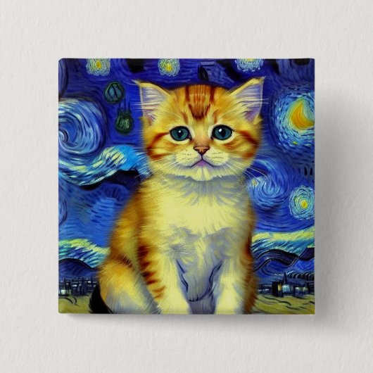 Niedlich Kitten Starry Night Van Gogh Button (Vorderseite)