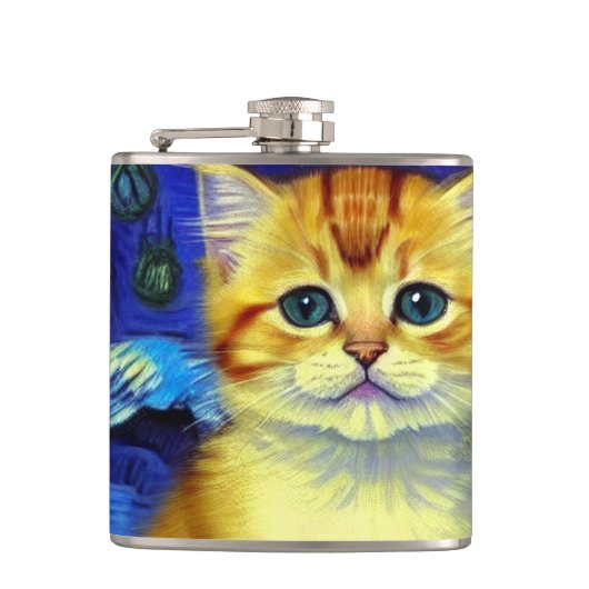 Niedlich Kitten Starry Night Van Gogh Flachmann (Vorderseite)