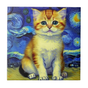 Niedlich Kitten Starry Night Van Gogh Fliese