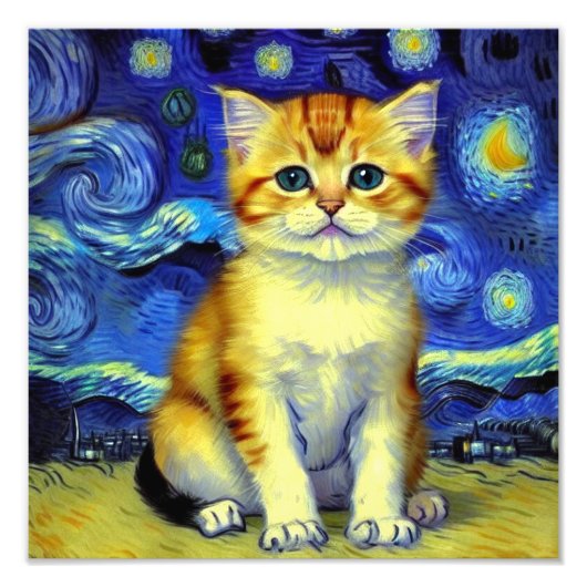 Niedlich Kitten Starry Night Van Gogh Fotodruck (Vorne)