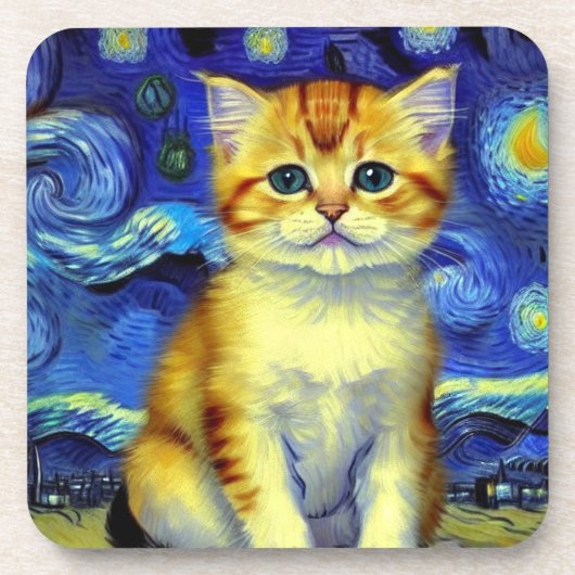 Niedlich Kitten Starry Night Van Gogh Getränkeuntersetzer (Vorderseite)