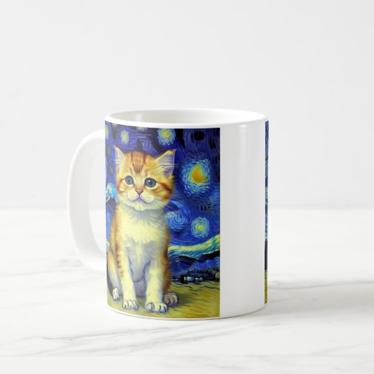 Niedlich Kitten Starry Night Van Gogh Kaffeetasse (Vorderseite Links)