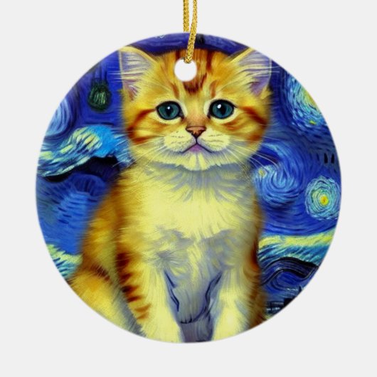 Niedlich Kitten Starry Night Van Gogh Keramik Ornament (Vorne)