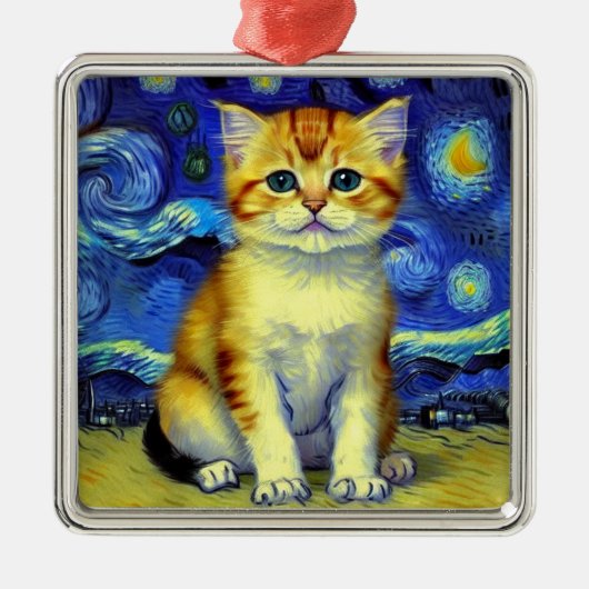 Niedlich Kitten Starry Night Van Gogh Ornament Aus Metall (Vorne)