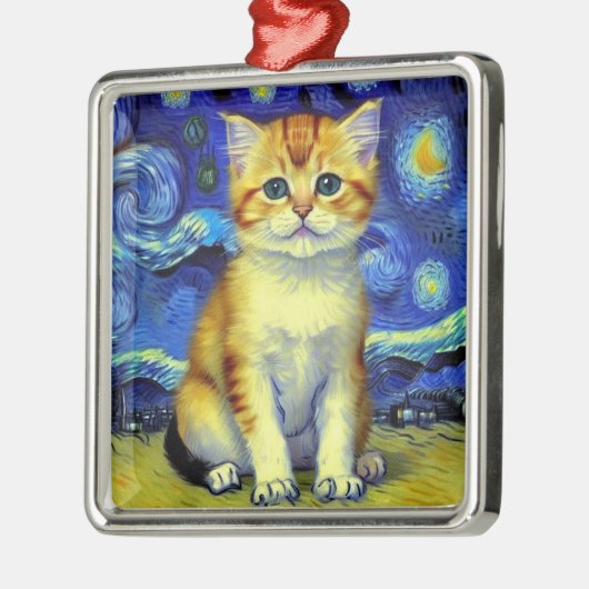 Niedlich Kitten Starry Night Van Gogh Ornament Aus Metall (Links)