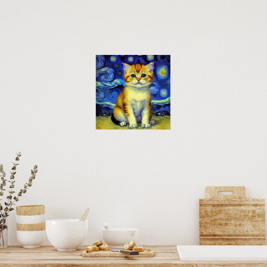 Niedlich Kitten Starry Night Van Gogh Poster (Küche)