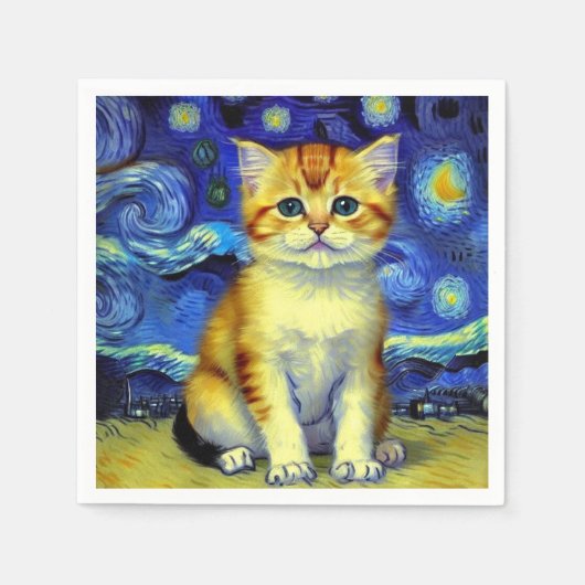 Niedlich Kitten Starry Night Van Gogh Serviette (Vorderseite)