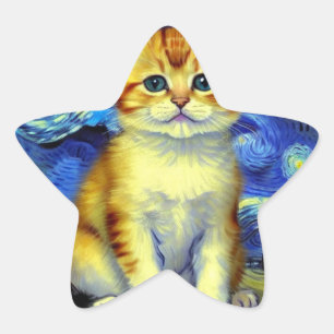Niedlich Kitten Starry Night Van Gogh Stern-Aufkleber