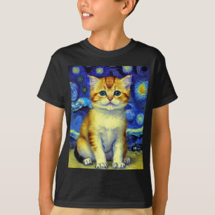 Niedlich Kitten Starry Night Van Gogh T-Shirt