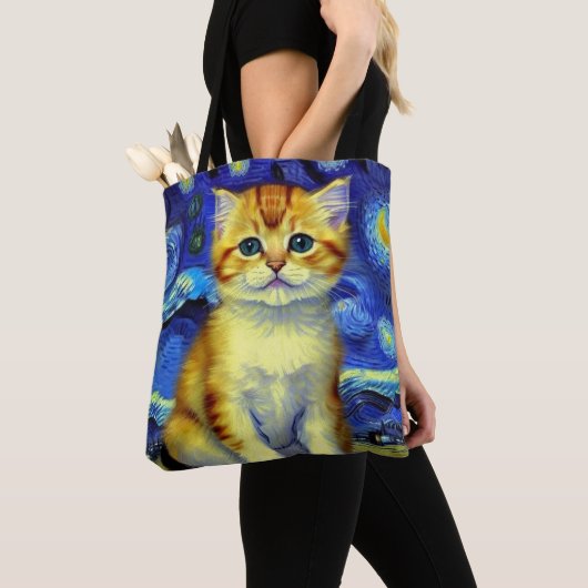 Niedlich Kitten Starry Night Van Gogh Tasche (Von Nahem)