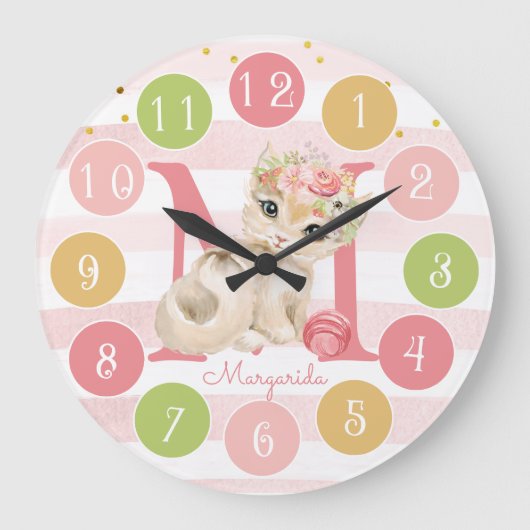 Niedlich Kitten Sweet Monogram Farbige große Uhr (Vorderseite)