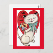 Niedlich Kitty Bringt Liebe & Blume Vintag Valenti Postkarte (Vorne/Hinten)