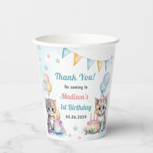 Niedlich Kitty Cat 1. Geburtstag Pappbecher (Vorderseite)
