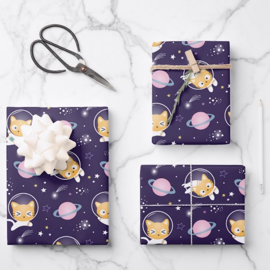 Niedlich Kitty Cat Astronauten Muster Geschenkpapier Set (Vorderseite)