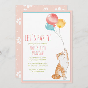 Niedlich Kitty Cat Balloons Fun Pink Girls Gebur Einladung