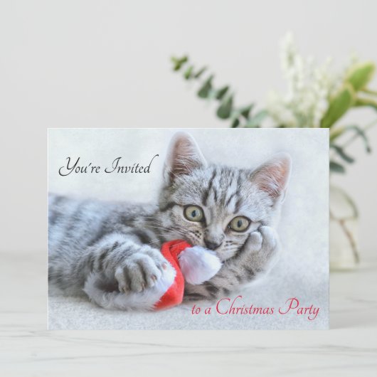 Niedlich Kitty Cat Bitten einer roten Weihnachtsma Einladung (Stehend Vorderseite)