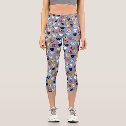 Niedlich Kitty Cat Blue Pattern Capri Leggings (Vorderseite)