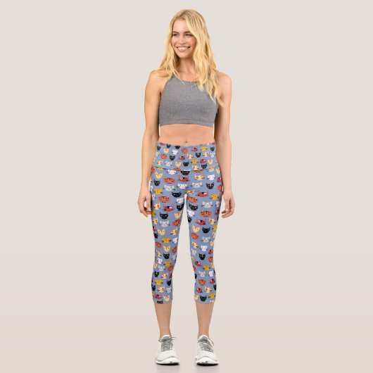Niedlich Kitty Cat Blue Pattern Capri Leggings (Vorderseite)