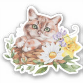 Niedlich Kitty Cat Daffodils Daisies Blume Aufkleber (Vorderseite)