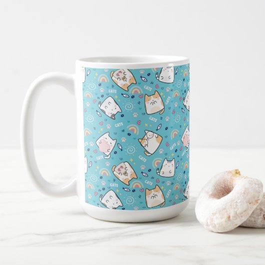 Niedlich Kitty Cat Pattern Whimsical Kaffeetasse (Mit Donut)