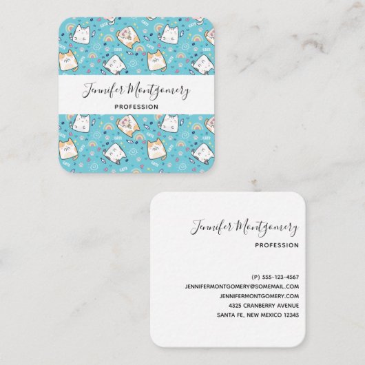 Niedlich Kitty Cat Pattern Whimsical Quadratische Visitenkarte (Vorne/Hinten)