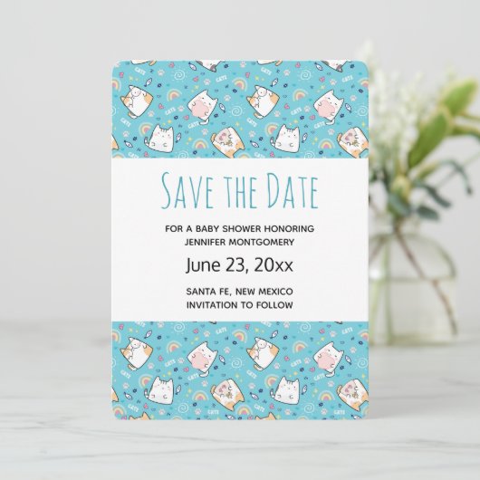 Niedlich Kitty Cat Pattern Whimsical Save the Date (Stehend Vorderseite)