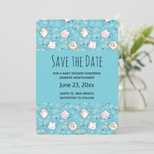 Niedlich Kitty Cat Pattern Whimsical Save The Date (Stehend Vorderseite)