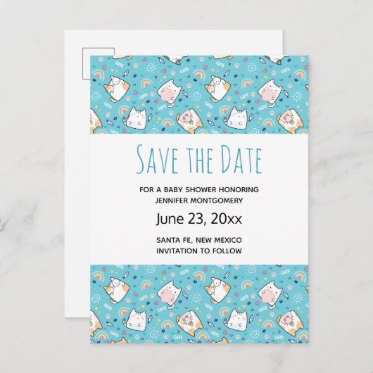 Niedlich Kitty Cat Pattern Whimsical Save the Date Einladungspostkarte (Vorne/Hinten)